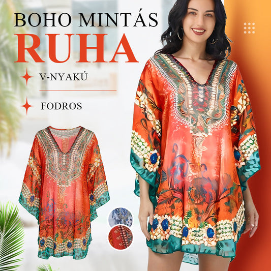 🌺V-nyakú boho mintás fodros ruha