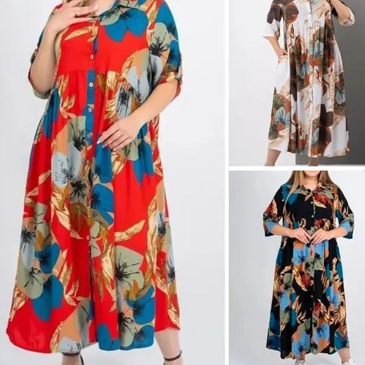 🔥【2XL-4XL】🌺Női laza hajtókás nyomtatott gomb-down hosszú ruha👗