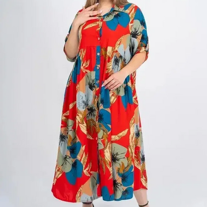 🔥【2XL-4XL】🌺Női laza hajtókás nyomtatott gomb-down hosszú ruha👗